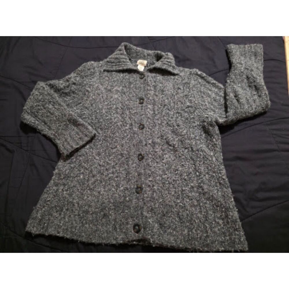 L.L. Bean Gray Melange Wool Blend Speckled Cable Knit Button Cardigan Sweater L